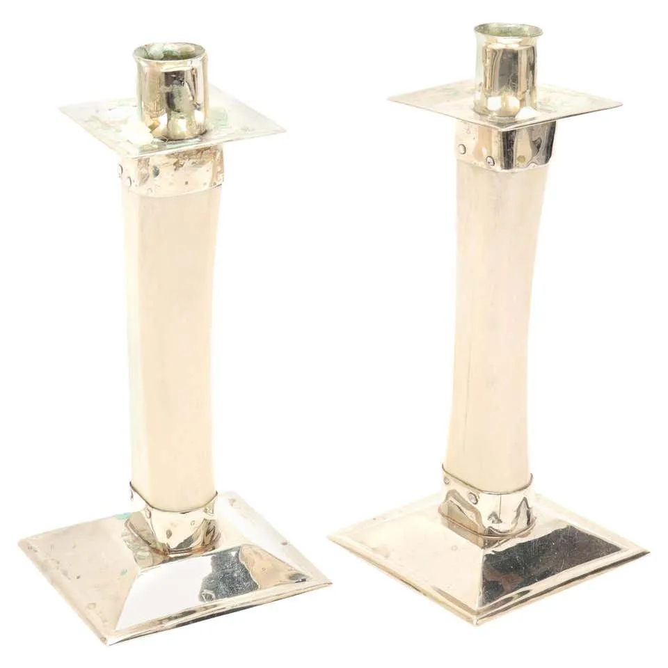 Modern Bone Candlesticks with Chrome Mounts, Pair