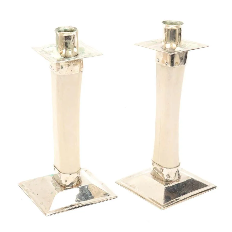 Modern Bone Candlesticks with Chrome Mounts, Pair