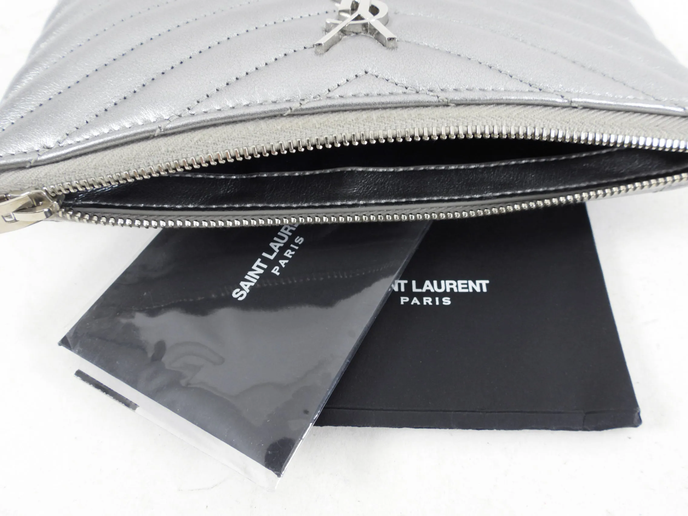 Saint Laurent Silver Metallic Leather Quilt Mini Pouch