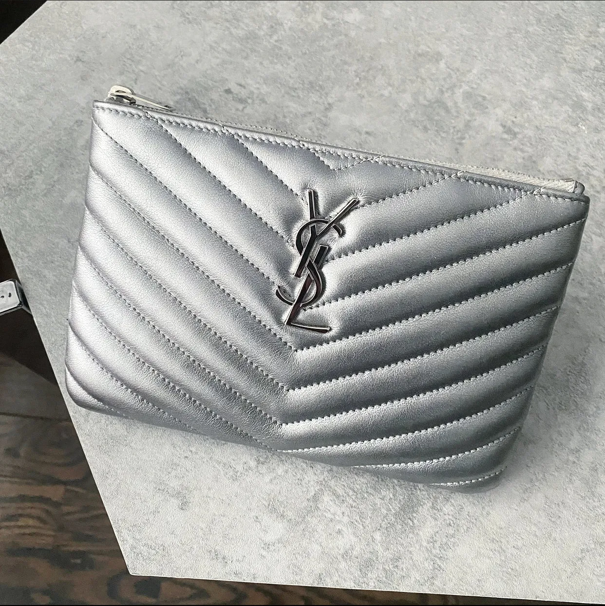 Saint Laurent Silver Metallic Leather Quilt Mini Pouch