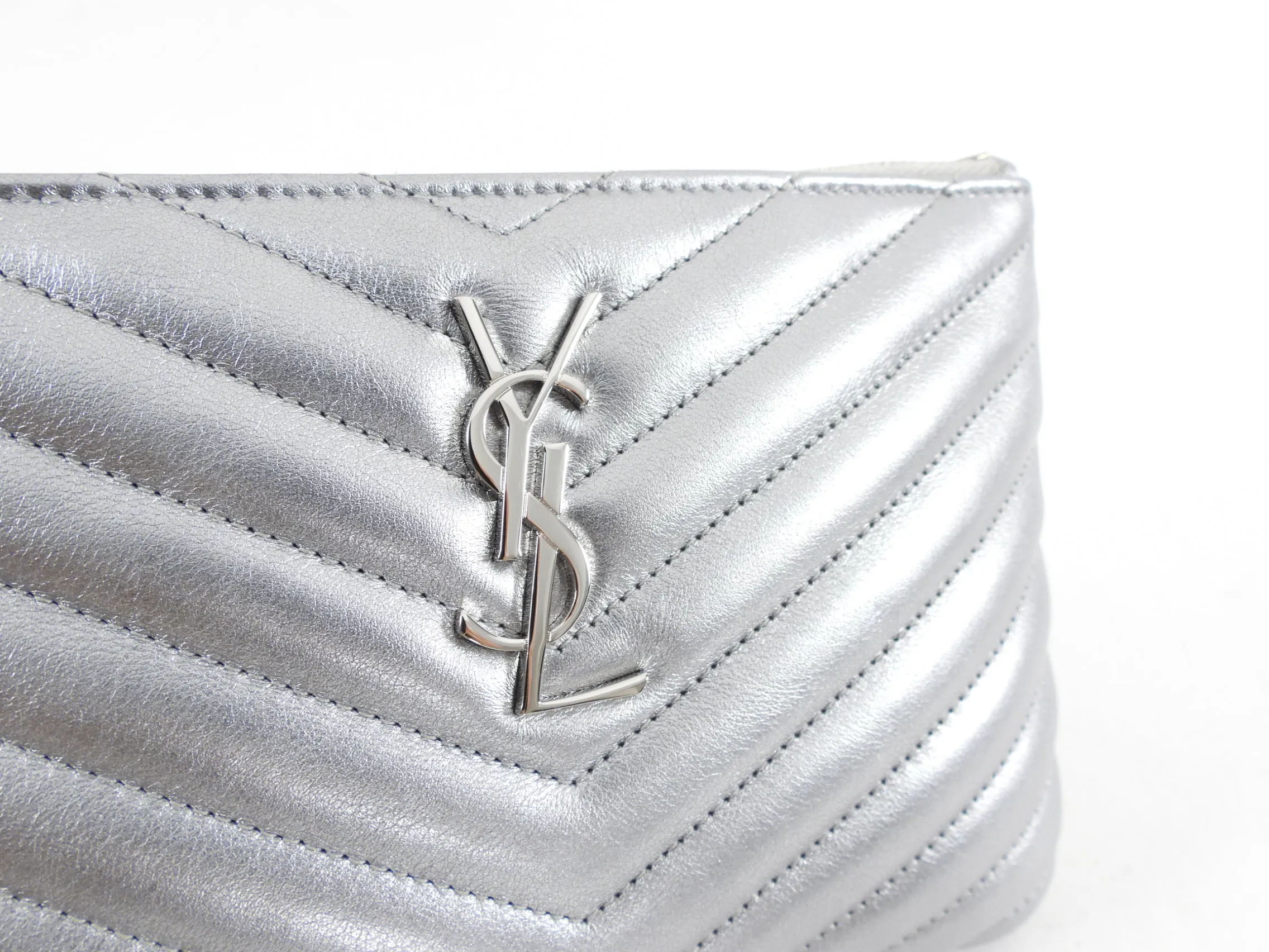 Saint Laurent Silver Metallic Leather Quilt Mini Pouch