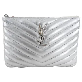 Saint Laurent Silver Metallic Leather Quilt Mini Pouch