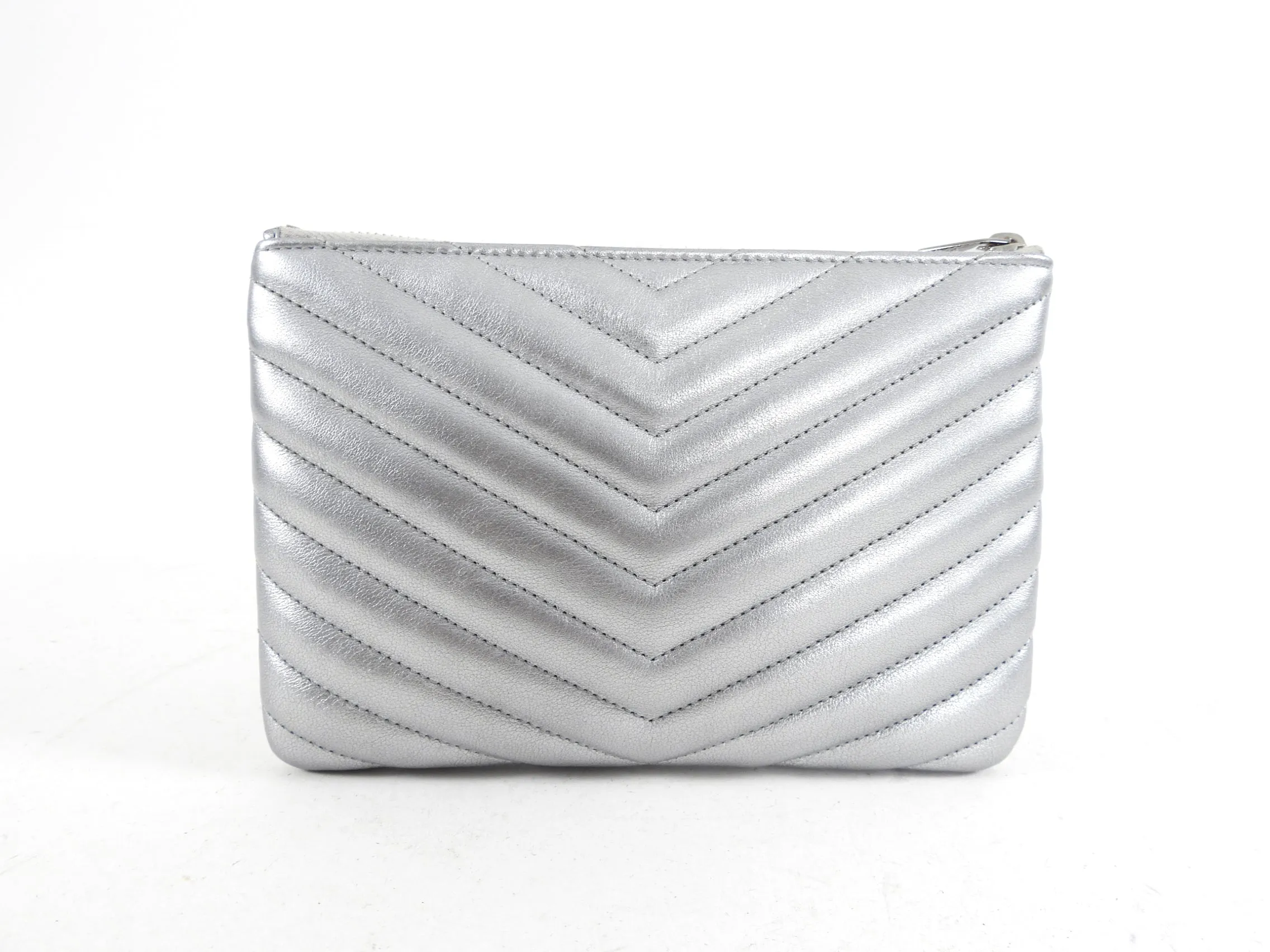 Saint Laurent Silver Metallic Leather Quilt Mini Pouch