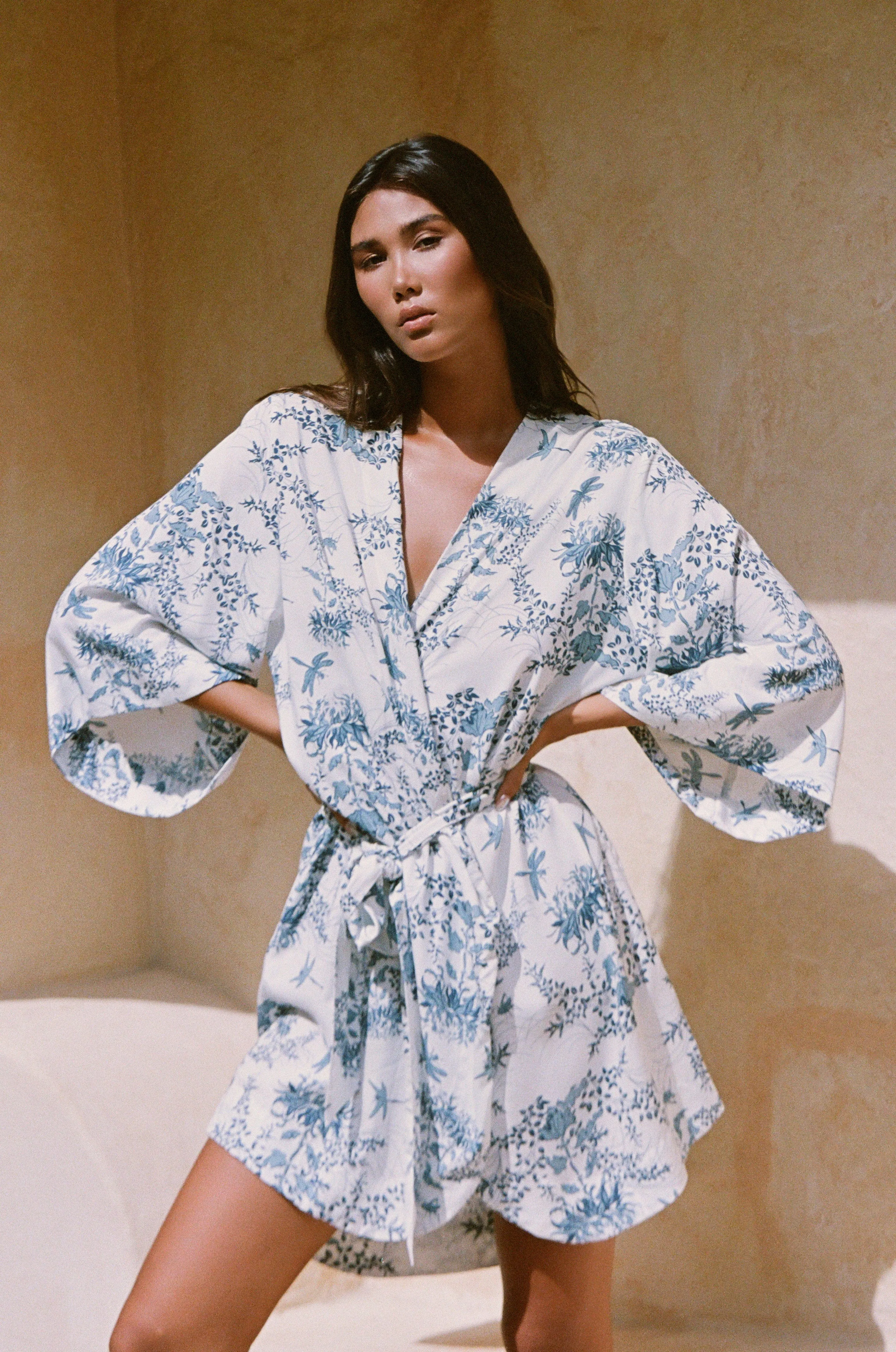 Short Kimono Robe - Summer Toile - Aegean Blue