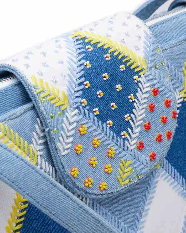 The Flappie Tote : Denim Patchwork (With Beads Embroidery)