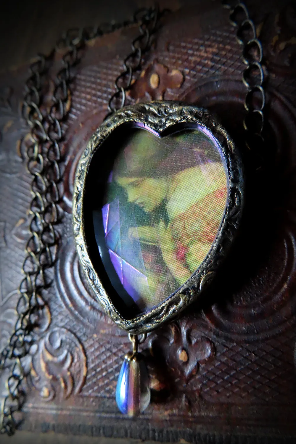 Waterhouse Nymph ~ Iridescent Stained Glass Heart Pictotrial Shrine Amulet