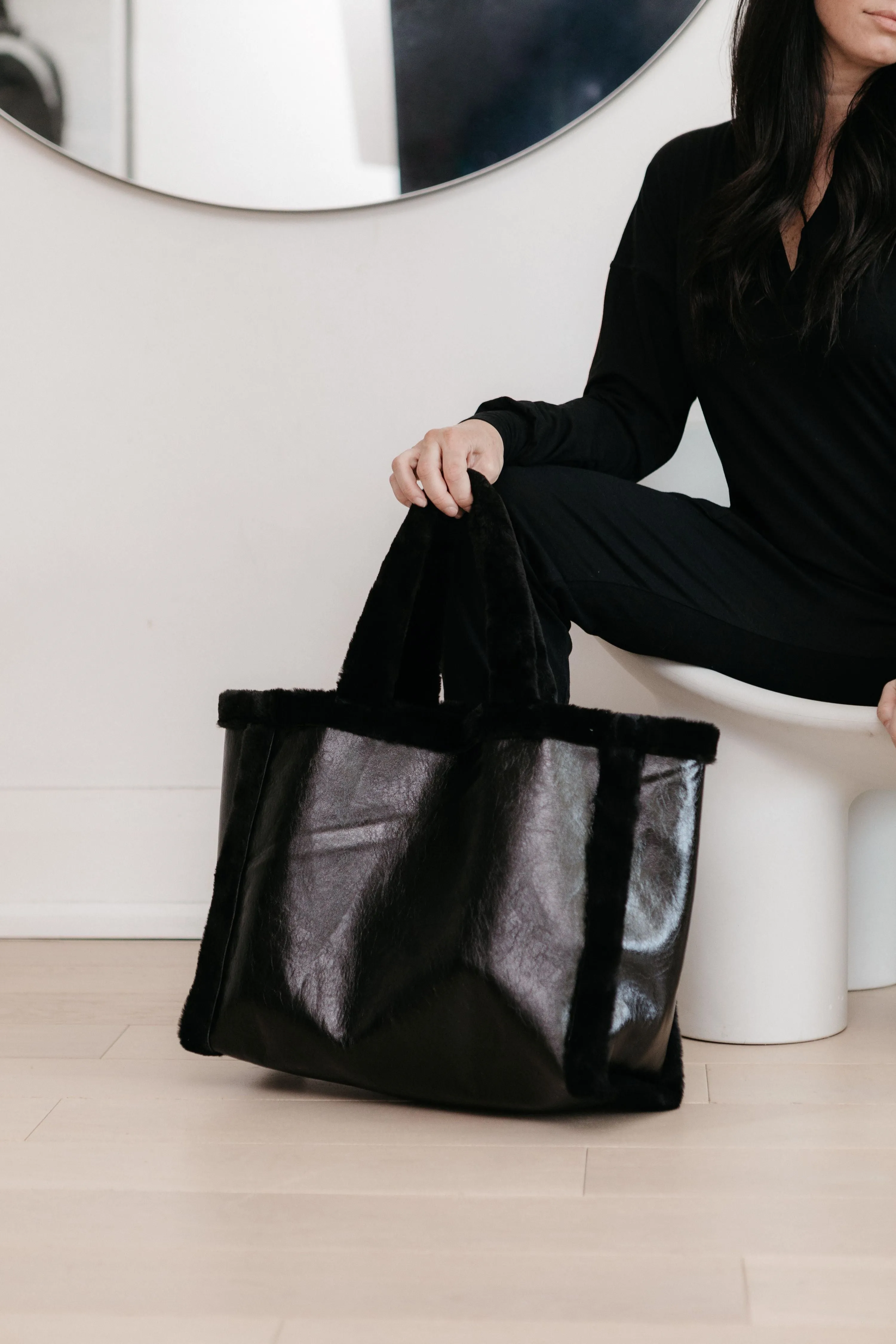 XL TOTE - COAL VEGAN LEATHER & FAUX FUR TOTE