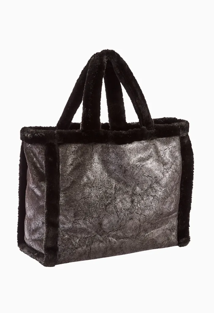 XL TOTE - COAL VEGAN LEATHER & FAUX FUR TOTE